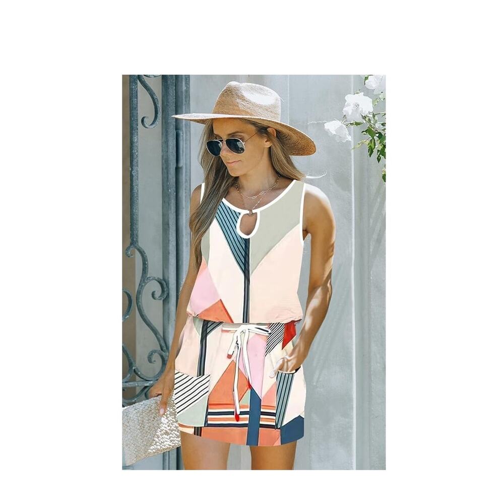 Summer Causal Loose Sleeveless Crew Neck Drawstring Waist Dress Small